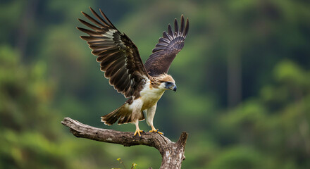 Obraz premium Raptor spreading wings on branch, sharp gaze, ready to fly.