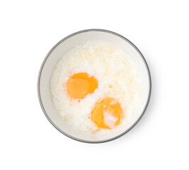 Half-boiled eggs in bowl isolated on white, top view. Traditional asian breakfast