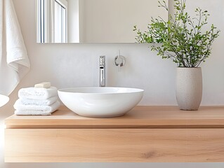 Fototapeta premium a white sink sitting on top of a wooden counter