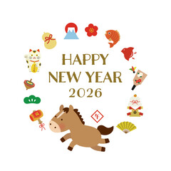 2026年 午年 縁起物の円形フレームイラスト HAPPY NEW YEAR