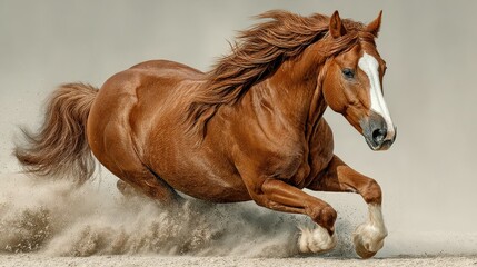 Fototapeta premium Majestic horse galloping through sandy terrain with flowing mane during sunny afternoon