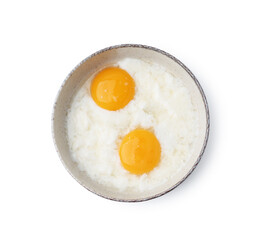 Half-boiled eggs in bowl isolated on white, top view. Traditional asian breakfast
