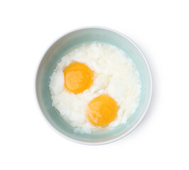 Half-boiled eggs in bowl isolated on white, top view. Traditional asian breakfast
