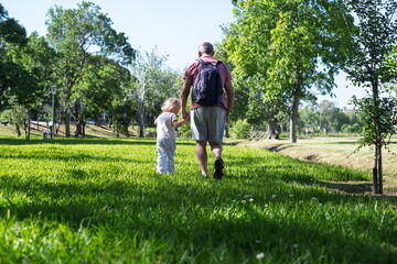 lderly Man Walking with His Granddaughter in Nature During Summer