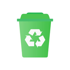Green recycling bin icon with white recycle symbol on white background, eco-friendly waste container illustration, environmental conservation concept 
