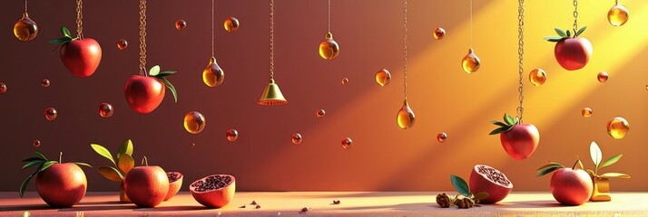 Floating apples and pomegranates in golden light with hanging orbs