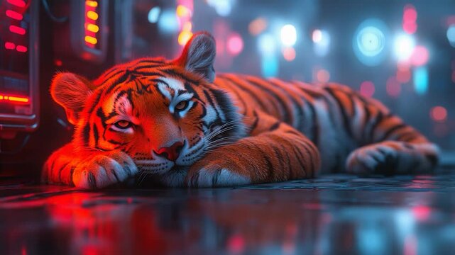 Tiger resting futuristic cityscape