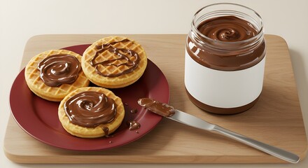 Chocolate spread jar with blank label, waffles on plate and knife on wooden board. Perfect for food ads, packaging mockups, branding, or breakfast concepts