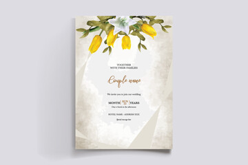 WEDDING INVITATION FRAME WITH FLOWER DECORATIONS AND FRESH LEAVES