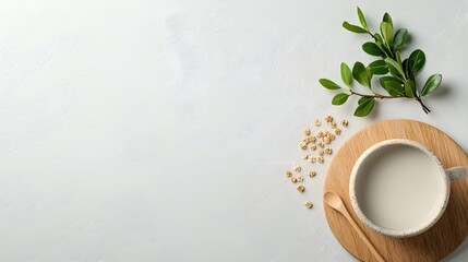 a bowl of milk and some green leaves on a white su