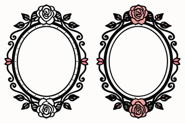 Elegant oval frames decorated with roses and leaves in black and pink