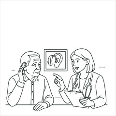 Audiologist consulting with a senior patient about hearing loss.  Hearing Aid Consultation.