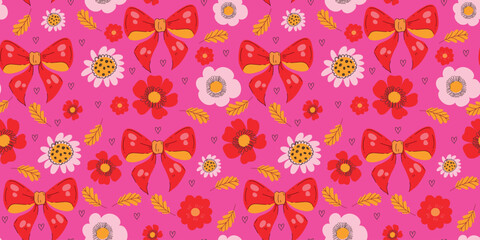 Cute Flower Seamless Pattern with Red Ribbons. Feminine repeatable background perfect for fashion, clothing, cards, invitations, wrapping paper