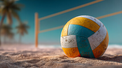 Beach volleyball invites you to play with a ball on the sandy coast and enjoy seaside vacations under the palms.