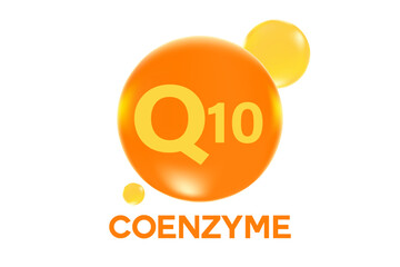 Vitamin Coenzyme q10 icon, glowing 3D molecule bubble isolated, transparent background. Healthy supplement nutrition, beauty product banner, vector infographic design element
