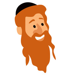 Jewish orthodox smiling man face in cartoon style. Jewish man wearing traditional hat and kippah. Jewish man celebrates Sukkot, Simchat Torah and Simchat Beis HaShoeivah