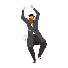 Jewish man dancing Hasidic dance. Man dressed in traditional Jewish clothes. celebration of Jewish holidays Sukkot and Simhat Tora and Simchat Beit HaShoeivah