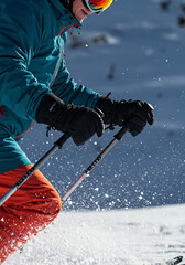 Close-up of a skier’s gloved hands gripping the poles tightly