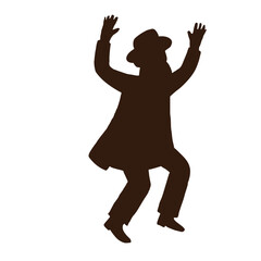Jewish man hasidic dancing. Flat vector silhouettes. Black on a white background. The figures are dressed in long coats and sashes fluttering to the sides as they move