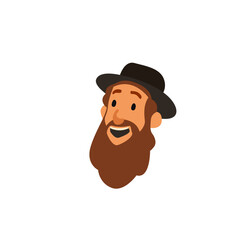 Jewish orthodox smiling man face in cartoon style. Jewish man wearing traditional hat and kippah. Jewish man celebrates Sukkot, Simchat Torah and Simchat Beis HaShoeivah