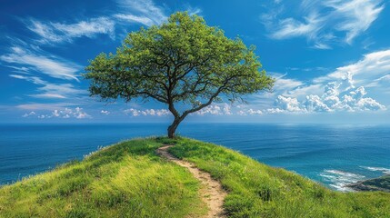 Solitary tree on a grassy hill overlooking the vast ocean.