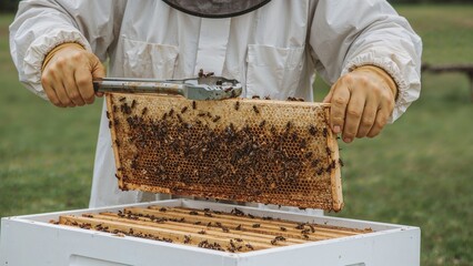 Beekeeper harvesting honeycomb from bustling hive