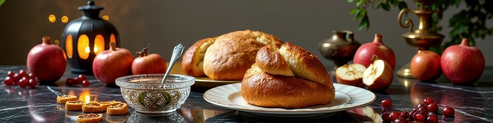 Festive table with challah bread and pomegranates in candlelight