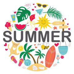 Summer vacation round colorful composition. Circle of vacation and beach holiday objects and attributes and word summer. Seasonal summer print, vector graphic
