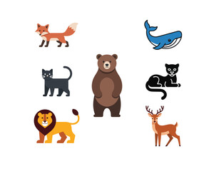 Animal vector set- Bear, Lion, Deer, Whale, Fox and Cat.
