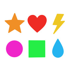 Colorful icon set featuring a bright star, heart, lightning bolt, circle, square, and drop. Ideal for children’s content, infographics, or playful UI designs