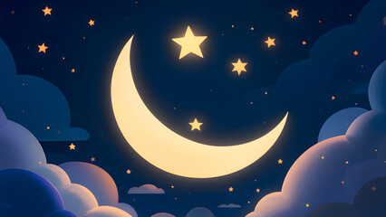 Naklejka premium Minimalist Crescent Moon in Pitch-Black Sky with Faint Star Clusters Modern Vector Design