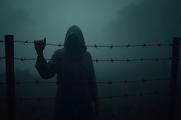 Silhouette of a person with a rope, a man with a syringe, and a woman playing golf