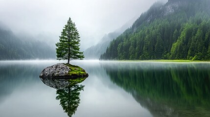 Solitary Conifer on Misty Mountain Lake: Serene Reflection in Alpine Landscape