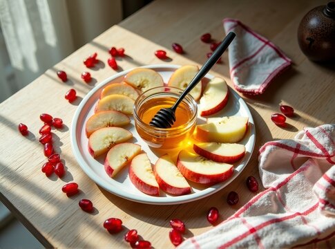 Sliced apples and honey with pomegranate on wooden table - Powered by Adobe