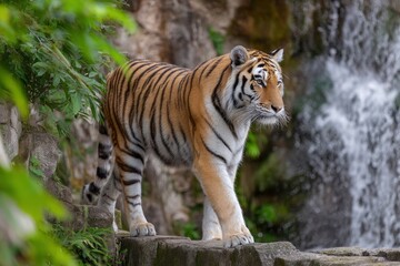 Obraz premium Tiger strides left posed on a gray stone ledge Waterfall background Lush green foliage frames the left side