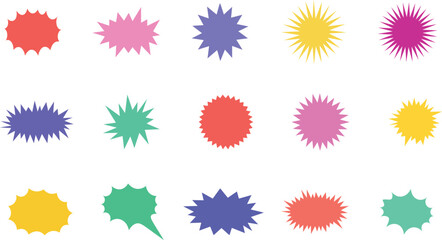 colorful comic bubble vector set, rounded and jagged starburst shapes for pop art and comic 
