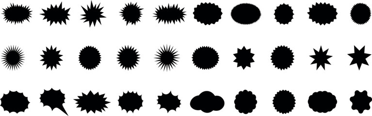 variety of comic burst shapes, small black silhouette icons of explosions, starbursts, and boom effects © craft_art
