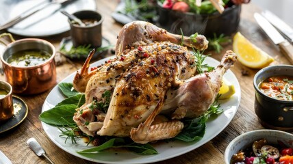 Herb crusted capon roasted golden brown with rosemary and herbs on white plate surrounded by copper pots and seasonal vegetables on rustic wooden table