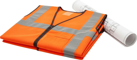 Folded orange high visibility safety vest with reflective strips positioned beside a rolled architectural blueprint on a