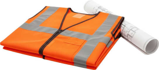 Folded orange high visibility safety vest with reflective strips positioned beside a rolled architectural blueprint on a