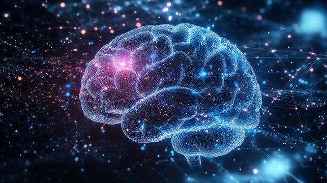 Digital illustration of a human brain with glowing neural pathways representing mental complexity and cognitive activity