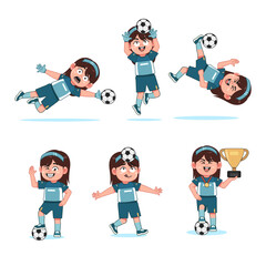 set of Cute Girl Character Playing Football with different pose