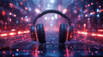 A pair of black headphones sits on a digital surface with glowing lights in red and blue hues. The background features a futuristic, tech-inspired design.