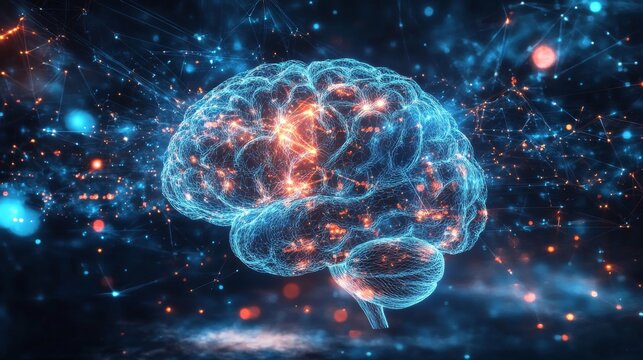 Digital illustration of a human brain with glowing neural pathways representing mental complexity and cognitive activity
