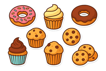 Delicious dessert collection vector illustration: doughnuts, cupcakes, muffins, and cookies in a fun cartoon style for digital and print design