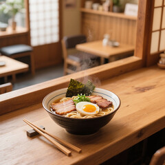 Hot Ramen Bowl with Egg and Pork in Japanese-style Cafe