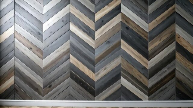 Chevron pattern wood wall texture background featuring various shades of grey, brown, and natural wood with a modern design aesthetic