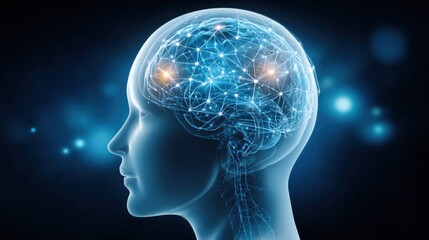 Obraz premium Individualized genomic medicine concept. Digital illustration of a human head with a glowing neural network, symbolizing brain activity and artificial intelligence connections.
