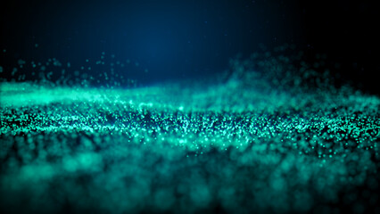 A mesmerizing abstract background featuring a swirling cloud of glowing teal particles against a deep, dark green backdrop, evoking a sense of digital technology, space, or energy.