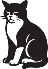 Cat silhouette black and white sitting pose, Calm feline illustration side view